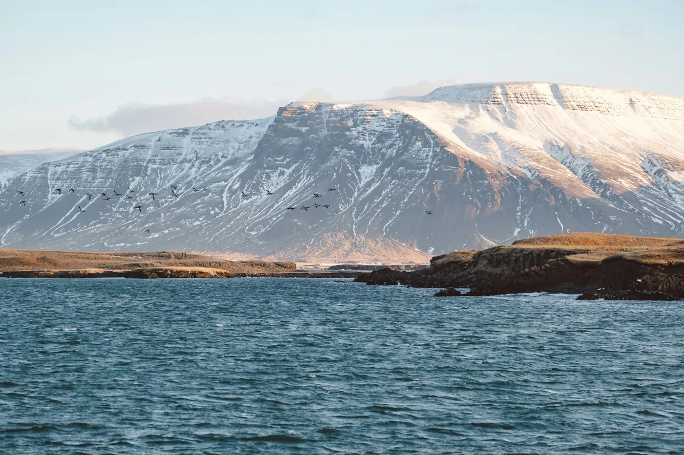 Der Hausberg Esja mit Schnee, gesehen von Reykjavík über die Bucht